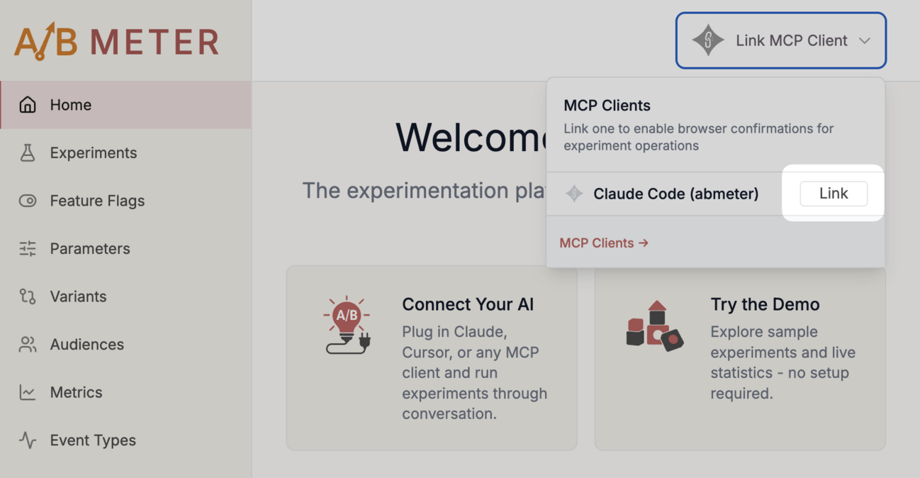 Link MCP Client via dropdown menu